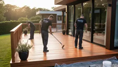 Detroit deck painters staining a wood deck for weather protection in Detroit, MI