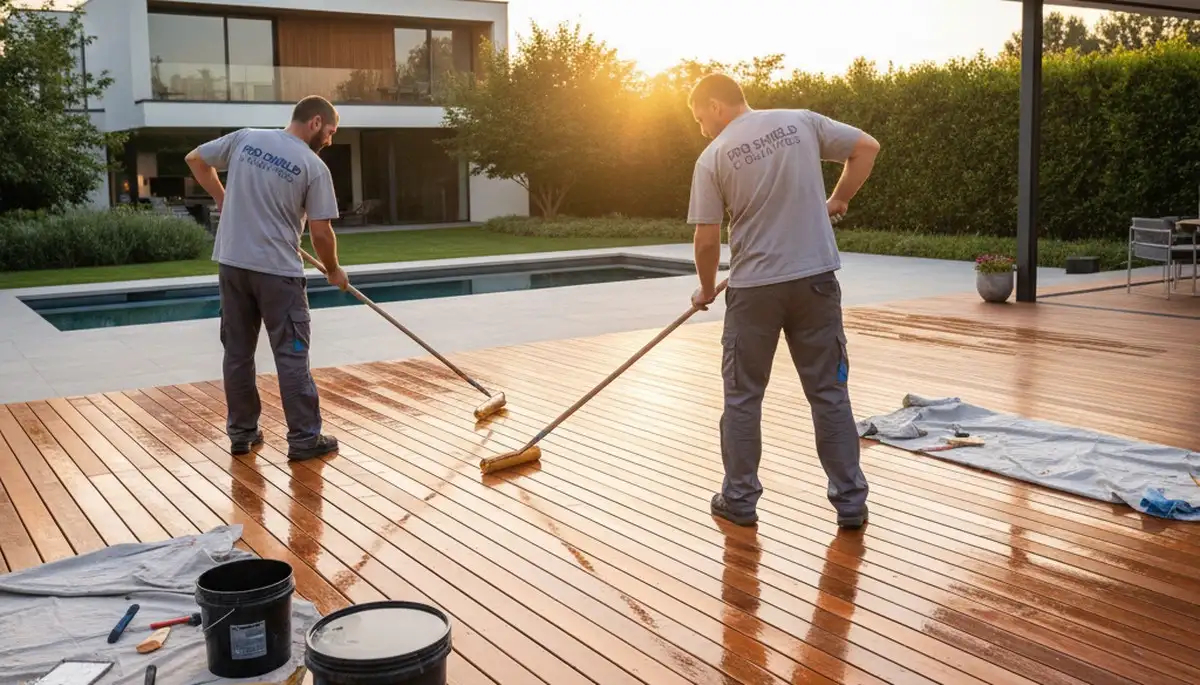 Detroit, MI painters sealing a wood deck to protect against moisture, UV rays, and winter damage