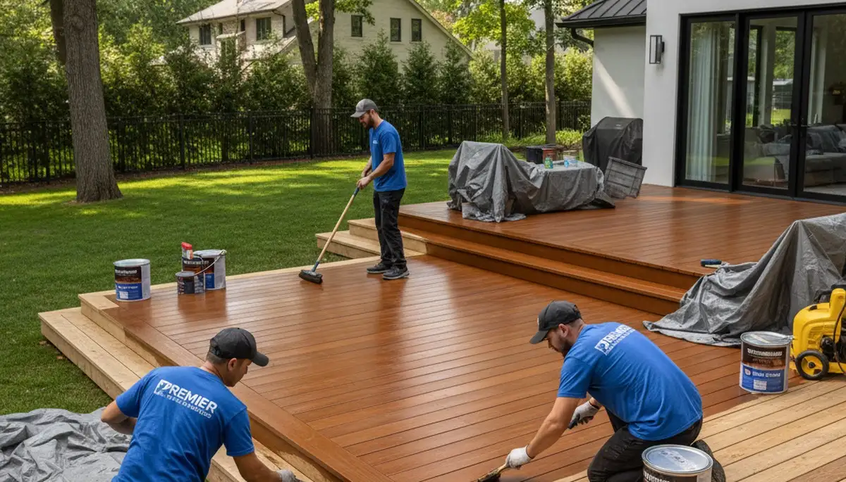 Detroit Paint Pros staining a wood deck in Detroit, MI for weather-resistant protection