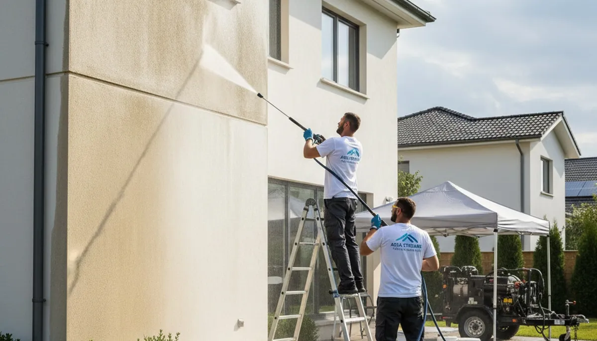 Detroit, MI pressure washing service cleaning grime from a commercial building exterior