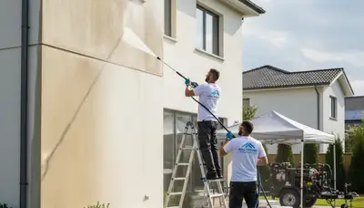 Detroit, MI pressure washing service cleaning grime from a commercial building exterior