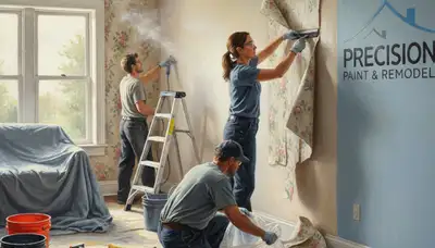 Detroit, MI painters removing wallpaper for a smooth wall finish in a residential home