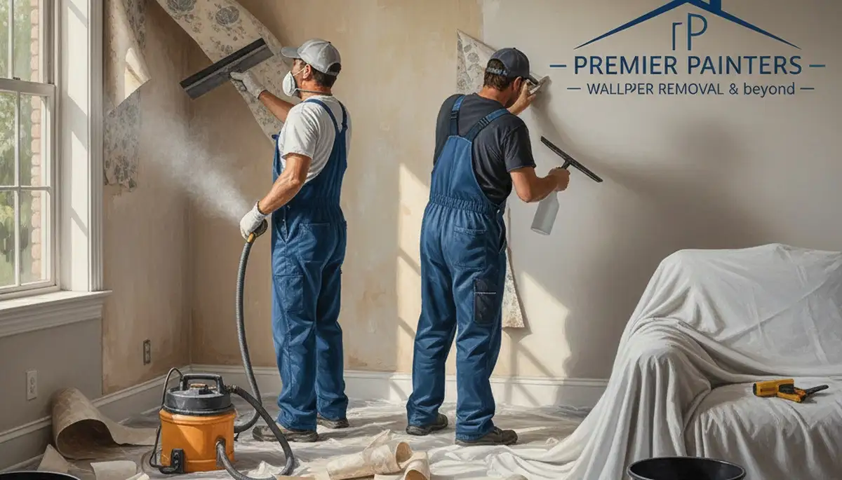 Detroit, MI painters removing wallpaper for safe wall prep and adhesive cleanup in a home interior